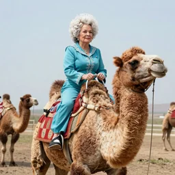 Dolly Parton riding a camel in Slough. camel wearing a wig. camel wearing shoes. highly detailed. photorealistic. detailed faces.