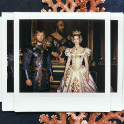 polaroid still symmetry frame from Alien Covenant movie by Takashi Murakami, from Pan's Labyrinth (2006) by James Stokoe, viking king and queen, dressed by Salvatore Ferragamo and by Chanel, haute couture painted by Peter Paul Rubens and by John Baeder, editorial fashion photography from vogue magazine, in coral stalagmite by Jean-Michel Basquiat