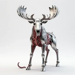 stylized shiny polished silver statue full body bizarre cosmic horror quadruped animal moose deer skull four legs made of slug creature tendrils, perfect symmetrical body, perfect symmetrical face, hyper realistic, hyper detailed, by johannen voss, by michelangelo, octane render, blender, 8 k, displayed in pure white studio room anatomical deep red arteries veins flesh