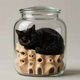 an evil black cat sleeping inside of a jar in the style of gehry and gaudi