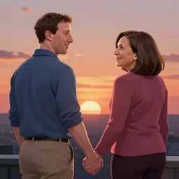 mark zuckerberg and sheryl sandberg holding hands and watching sunset, trending on artstation
