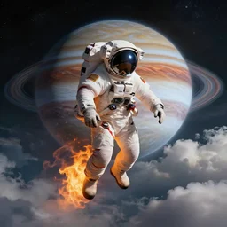 astronaut on fire in the majestic clouds of jupiter, by cedric peyravernay and feng zhu, highly detailed, excellent composition, cinematic concept art, dramatic lighting, trending on artstation