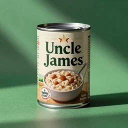 uncle james brand can of biscuits and gravy, product photo, realistic, magazine advertisement, studio lighting, green screen backdrop, soft lighting