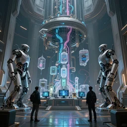 cult of technology, exterior of scifi temple, machines, robots, ultra realistic, gaming computers, highly detailed, simulation, atmosphere, masterpiece, epic lighting, glowing wires, transparent objects, mysterious, highlighted, 4 k, cinematic, art by patryk olkiewicz and chris ostrowski and liang yao
