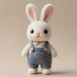 a cute elegant felt plush doll of a rabbit wearing overalls detailed highly realistic