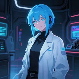 in the style of cyberpunk 9 0's anime : : dystopian art : : holographic smiling science girl researcher blue hair : : shadow future lab background interior