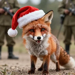 cute fox, wearing santa hat, realistic cinematic lighting, establishing action shot, ultra detailed, hyper realism, photo, octane render, 8k, comedy, trending on artstation, set in ww2 germany, 50mm