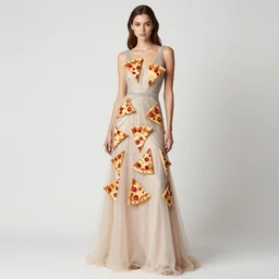 an elegant model wearing an expensive evening gown made of pizza slices