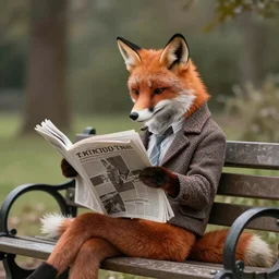 a beautiful nostalgic photo of an anthropomorphic fox reading a newspaper and wearing tweeds on a park bench, artstation, rule of thirds, 8k