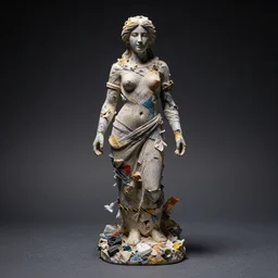 female statue made of garbage, studio light, dark background, 3 5 mm photography