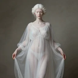 neoclassical portrait of a wonderful symmetrical albino goddess with dressed with a majestic semi transparent cotton dress