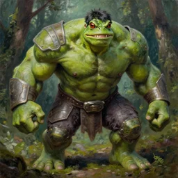 macro medium shot, rugged anthropomorphic muscular!!!!!!!!! oversized!!!!!!!! hulked!!!! frog as oversized green barbarian hunter wearing war sci - fi armor in deep forest, oil painting by greg rutkowski and rembrandt