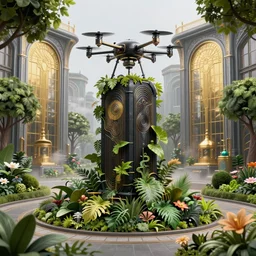 steampunk, art nouveau, robot drone worshipping an overgrown black monolith, garden, park, leaves, plants, flowers, trees, steel architecture, large windows, gold, steam, fog in distance, beautiful 3 d rendering, octane render, trending on artsstation