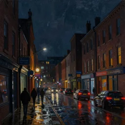 dark neon lit streetscape, brick buildings, tall, dark lighting, cars, people, tail lights, headlights, wet rainy night, top - rated, award winning, oil painting, detailed lighting, detailed shadows