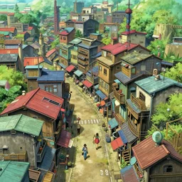 Street Szene, scifi shanty town favela City Street with color full metal rooftops and wooden and concrete walls, intricate Details, illustration , in the style of Studio ghibli, tekkon kinkreet, akira, breath of the wild, myazaki, anime, clean render, denoise, rule of thirds