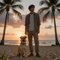 a man with his dog in a beach with palm trees in a cloudy sunset, cinematic, hyper realistic, intricate details, anime style