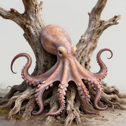 a big old dead tree that looks an octopus in front of the sun. clear detailed shadow on the ground. octane render, cinematic photo, amazing light, bokeh.