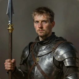 Portrait of a medieval guard holding a spear, male, detailed face, fantasy, highly detailed, cinematic lighting, digital art painting by greg rutkowski