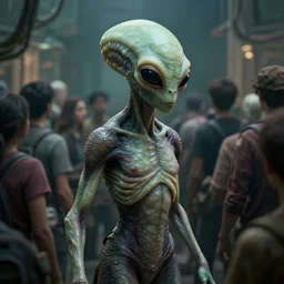 shapeshifting alien in a crowded room, highly detailed, real photo,