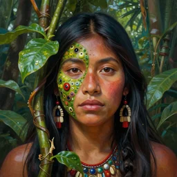 the ayahuasca vine plant spirit mixed with the face of an indigenous woman in the jungle, beautiful colors, matte painting, by christophe vacher