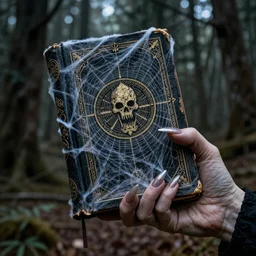 Photo of a witch\'s wrinkled hand with long fingernails holding an ancient grimoire with a scary logo covered in spiderweb in a cursed forest