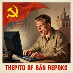 soviet propaganda poster of an angry communist developer yelling at his computer