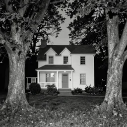 house in the wood by William Blake, night, pinhole analogue photo quality, monochrome, blur, unfocus, cinematic, 35mm