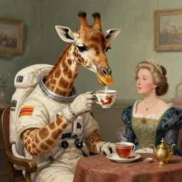a giraffe dressed like an astronaut drinking tea with queen isabel, trending on artstation, art by greg manchess, guangjian, detailed digital art, artstation hd