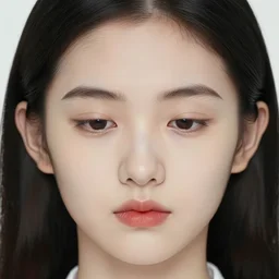 portrait of a 2 2 year - old woman, heart shaped face, pale ivory skin, downturned hazel eyes, button nose, thin red lips, natural straight black eyebrows, small round ears, long thing black hair, hdr photo, beautiful, intricate facial features, by martin schoeller