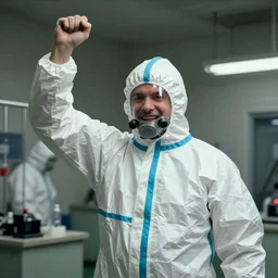 a man wearing a hazmat suit, cheering, film still, Panavision PSR-200 35mm