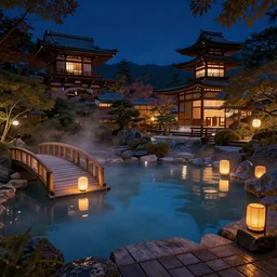 cozy hidden empty onsen with wood bridges next to grand japanese pogotas night by greg rutkowski craig mullins ross tran mucha levitating lanterns lumen reflections matte painting fantasy specular lighting trending on artstation