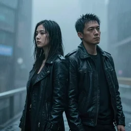 couple cyberpunk, fog, dramatic, cinematic, digital art, rain, high resolution