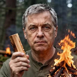 viktor orban setting a forest on fire, holding a wood piece, highly detailed face, by edward hopper