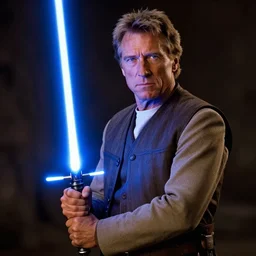 clint eastwood holding blue lightsaber in star wars episode 3, 8k resolution, full HD, cinematic lighting, award winning, anatomically correct