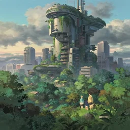 futuristic city, lush vegetation, humid, early evening, cloudy, beautiful, dull pastel colors, realistic, hyper detailed, octane render, trending on artstation by yoshitaka amano and makoto shinkai, studio ghibli style