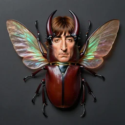 a stag beetle with a john lennon's face!!!!!!!! on wings, john lennon as a stag beetle, john lennon's face!!!!!! on stag beetle wings, on its shell, art