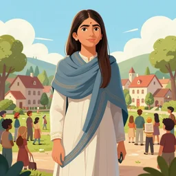 Giant Malala Yousafzai stands next to a town, surrounded by people, digital art, trending on ArtStation, Gulliver's Travels