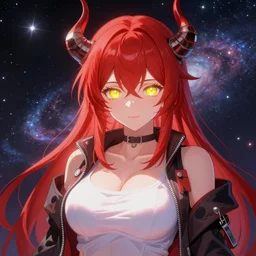 masterpiece character portrait of a glowing pale redhaired demoness with yellow eyes and horns wearing a jacket, galaxy background, color page, 4 k, full original resolution, tone mapping, mizuryuu kei, akihiko yoshida, pixiv, 巨 乳, visual novel cg