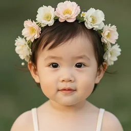 portrait of a 0 year old woman, symmetrical face, flowers in her hair, she has the beautiful calm face of her mother, slightly smiling, ambient light