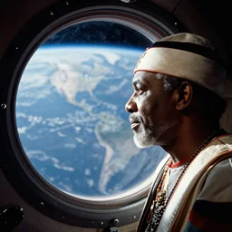 analogue photo of an African tribal chief inside the orbiter of a space shuttle, looking at porthole window, earth outside porthole window, close-up, colour, photo shot by martha cooper, 35mm,