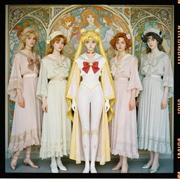 long shot kodak portra 4 0 0, 8 k, soft light, art nouveau fashion photography of pastel goth sailor moon baroque streetwear, fine lines, clean lines, maxfield parrish, james jean, britt marling, alphonse mucha, yoji shinkawa, henri gillet, william morris, john henry dearle, odilon redon, gaston bussiere, felicien