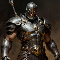 a close up portrait of a menacing, iron - clad warrior by frazetta