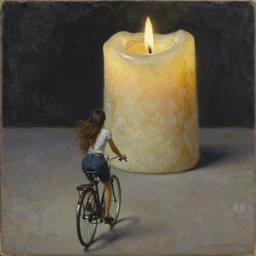by remedios varos, a long haired woman riding a bicycle towards a giant candle in the distance, oil painting, met collection, high resolution