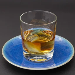 whiskey glass filled with glass, on a blue iridescent plate, 8K
