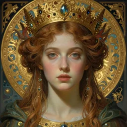 detailed realistic beautiful young medieval queen face portrait by jean delville, tom bagshaw, brooke shaden, gustave dore and marco mazzoni, art nouveau, symbolist, visionary, gothic, pre - raphaelite, ornate gilded medieval icon, surreality, ethereal, unearthly, haunting, celestial, neo - gothic, ghostly, memento mori, enigmatic, spectral