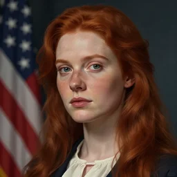 a detailed portrait of a pretty!! female with red hair and freckles who is president of the united states, 1 8 4 2, by ilya kuvshinov, digital art, dramatic lighting, dramatic angle, 1 9 th century