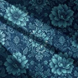 onyx aqua floral blooms, cerulean swirling, oriental wallpaper