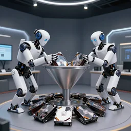 wide - angle shot of a robot eating hard drives from a funnel