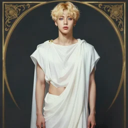 wide angle full body portrait of Park Jimin of BTS, with a perfect face and perfect body, thin waist, plump lips, intricate, single face, wearing greek Palla, ethereal, men fall for him, short blonde hair, blue eyes, hunter eyes, highly detailed, digital painting, artstation, concept art, smooth, sharp focus, illustration, Unreal Engine 5, 8K, art by artgerm and greg rutkowski and alphonse mucha