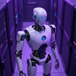 hyperrealistic medium shot robot!! in data center highly detailed concept art eric zener elson peter cinematic hard purple lighting high angle hd 8 k sharp shallow depth of field, inspired by david paul cronenberg and zdzisław beksinski
